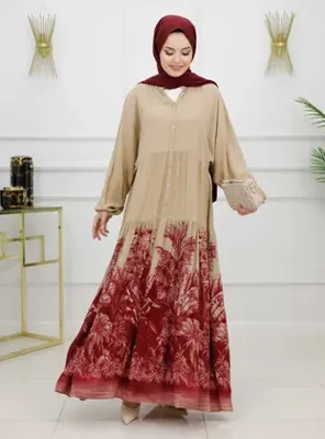 MODANURSEDA Palmiye Desenli Tesettür Elbise - Bordo - MODANURSEDA