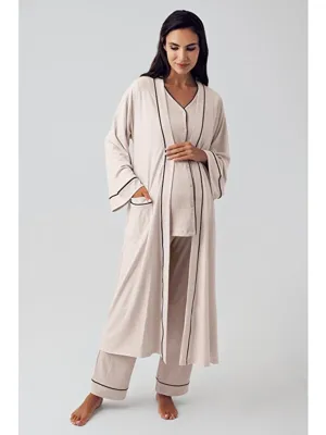 Artış Düğmeli Uzun Kollu Esnek Viskon Hamile Sabahlık Pijama Takımı 15307