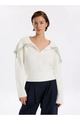 Fabrika V Yaka Relaxed Fitilli Ekru Kazak Kadın F5WL-KZK0301