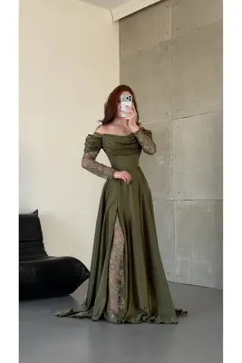 zoezoe Deniz Royal Dantel Detaylı Haki Yeşili Abiye