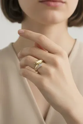 XUPING JEWELRY Stil Incisi/Xupıng Jewelry 14 Ayar Altın Kaplama Çift Sıra Zirkon Taşlı Yüzük
