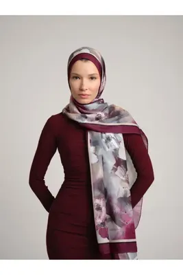 Ayshara Hâle Çiçek Desenli Tek Taraflı Şal -  Bordo