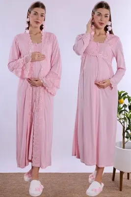 Effortt Kadın Pembe Lohusa Gecelik Sabahlık Takım