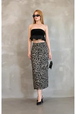 AREF JEANS Önü Yırtmaçlı Leopar Desenli Kot Etek