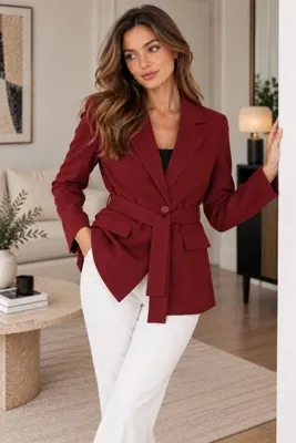 Lima Bordo Kadın Kuşaklı Blazer Ceket Klasik Yaka Tek Düğmeli Cepli Şık Ceket