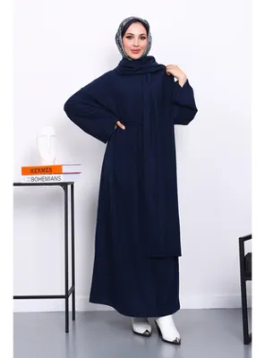 İmajButik Lacivert Bisiklet Yaka Bel Kuşaklı Elbise