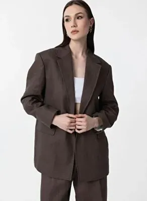 Antioch Kahve 100% Keten Kadın Blazer Ceket