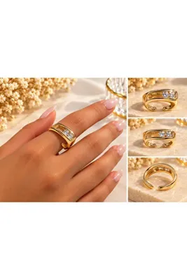 Genel Markalar Gold Işıltılı Taş Detaylı Ayarlanabilir Yüzük