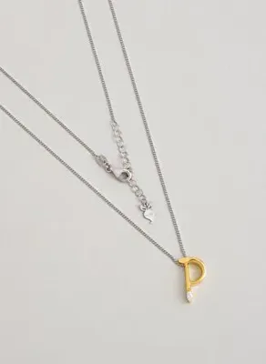 So Chic Asimetrik P Harfi 18 Ayar Beyaz ve Sarı Altın Kaplama 45 Cm Gümüş Harfli Kolye