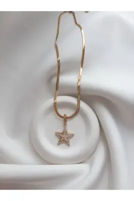 Minne Jewelry-Accessory Çelik İtalyan Ezme Zincir Yıldız Kolye - Yıldız Taş Detaylı Kolye - Çelik Yıldız Kolye