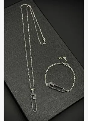Frnch 925 Ayar Gümüş Çengelli İğne Model Siyah Zirkon Taşlı Erkek Bileklik/Kolye Set FRJ12196-3196-S2