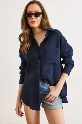 Olalook Kadın Lacivert Oversize Basic Müslin Gömlek GML-19001217