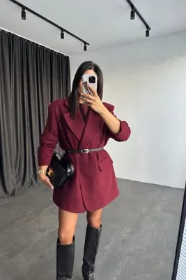 Perry Boutique Bordo Oversize Kemerli Astarlı Kaşe Ceket
