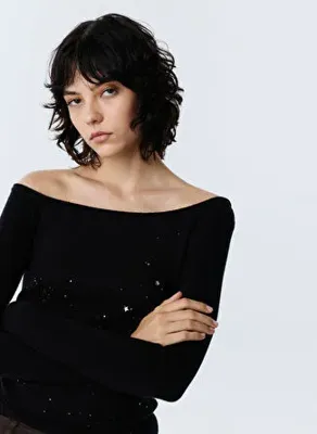 Twist Siyah Kadın Kayık Yaka Taşlı Kazak TW6260050165001
