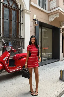 Eyyo Kırmızı Çizgili Gömlek Yaka Elbise