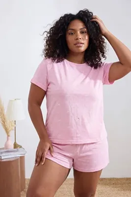 Trendyol Curve Pembe Kurdele Desenli Pointel Örme Büyük Beden Pijama Takımı
