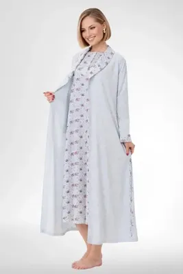 Mecit Pijama Kadın Büyük Beden Çiçek Desenli Uzun Kollu Sabahlıklı Gecelik 2'Li Takım %80 Pamuk %20 Viskon