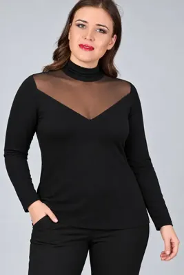 Curvy Trend Büyük Beden Roba Tül Yarım Balıkçı Yaka Uzun Kol Bluz