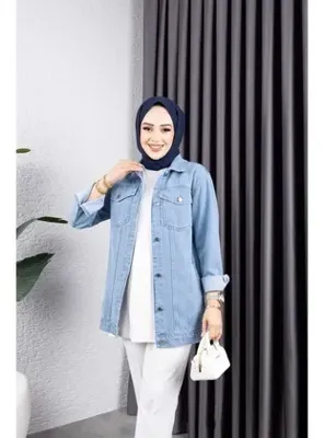 Harmatime butik Kadın Buz Mavisi Kar Yıkamalı Cepli Denim Kot Ceket