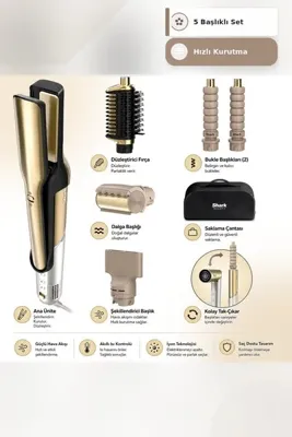 Shark Saç Gold Seti 1500W Gloss-Lock Seramik Düzleştirici Fırça, Bukle Başlığı, Islak Kuru, Çantalı