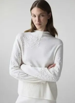 İpekyol IW6260050212 Ekru Kadın Dik Yaka Nakışlı Oversize Triko Kazak