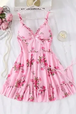 NEEWSTORE Pembe Gül Desenli Fırfır Askılı Fiyonk Detaylı Mini Gecelik