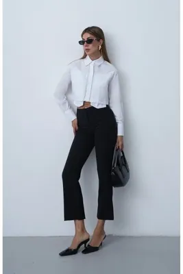 Myra Fashion Çift Katlı Kesim Crop Gömlek Gizli Düğmeli Uzun Kol Kadın Bluz Modern Kısa Gömlek Şık Tasarım