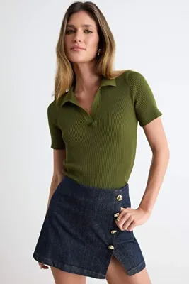 TRENDYOLMİLLA Haki More Sustainable Basic Polo Yaka Triko İnce Bluz TWOSS26BZ00505