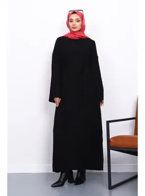 İmajButik Siyah Bisiklet Yaka Triko Elbise