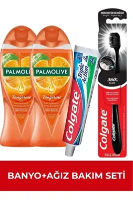 COLGATE Banyo + Ağız Bakımı Seti: Palmolive AS Mandalina 500 ml x2 + Triple Action 125 ml + 360 Siyah Diş Fırçası