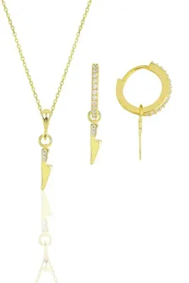 Söğütlü Silver Gümüş Altın Yaldızlı Zirkon Taşlı Bıçak Modeli Kolye Ve Küpe Ikili Set Sgtl11882gold