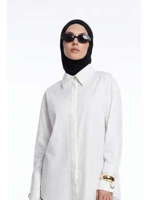 Armine Trend Doğal Kumaş  Gizli Patlı Tam Boy Düğmeli Oversize Basic Gömlek Ekru 26YT304