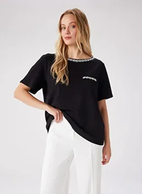Faik Sönmez Siyah Kadın Taşlı Comfort Fit Bluz UW27BLZ031