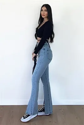 ByCukurovaFrango Jeans Mavi Yüksek Bel Likralı Ispanyol Paça Ön Yırtmaçlı Kadın Kot Pantolon-mavifrango
