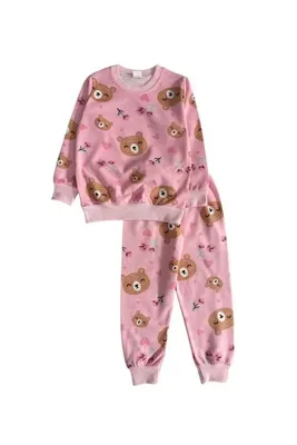 Genel Markalar Kız Çocuk İki İplik Şardonlu Pembe Ayıcık Desenli Uzun Kollu Pijama Takımı
