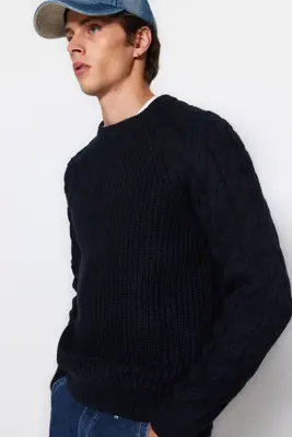TRENDYOL MAN Lacivert Casual Unisex Fit Yünlü Bisiklet Yaka Saç Örgü Detaylı Triko Kazak TMNAW22KZ2059