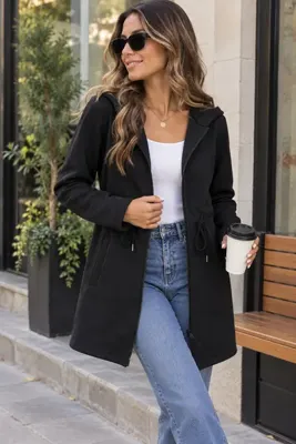 Kokosh moda Kadın Kapüşonlu Belden Büzgülü Cepli Fermuarlı Üç İplik Uzun Ceket