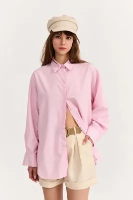 Quzu Çizgi Detaylı Oversize Gömlek Pembe