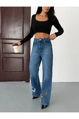 Zeo Basic KADIN NAKIŞ DETAYLI WİDE-LEG JEAN KOT PANTOLON