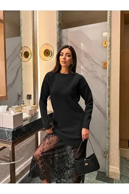 salome butik KADIN MİDİ BOY DANTEL ETEK DETAYLI TRİKO ELBİSE