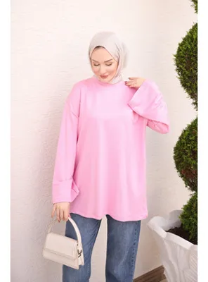 İmaj Butik Pembe Bisiklet Yaka Geniş Kol Tunik
