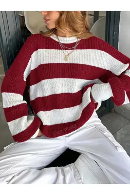 Dier Moda Kadın Bisiklet Yaka Çizgili Oversize Triko Kazak Fmoda602