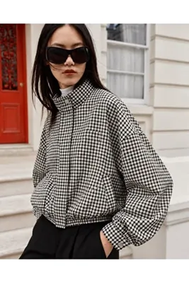 CrepTekstil Kadın Pötikare Desenli Ekose Dik Yaka Fermuarlı Kısa Oversize Bomber Ceket
