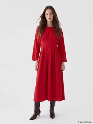 LCW Modest Peplum Keten Karışımlı Pileli Elbise