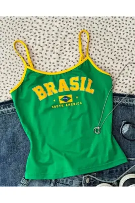 Machetta Kadın Yeni Vintage Brasil Baskılı %100 Pamuk Askılı Crop