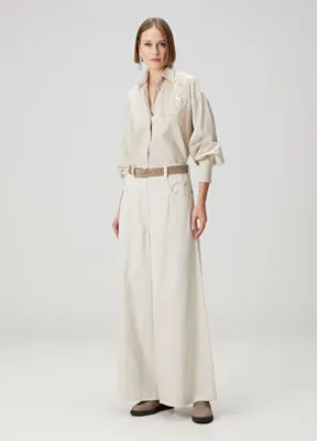 Brunello Cucinelli Ekru Wide Leg Jean Pantolon