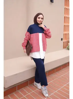 İmaj Butik Lacivert Kırmızı Garnili Tunik Pantolonlu Modal Takım