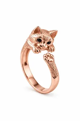 Coy Diamond 925 Ayar Gümüş Rose Gold Kedi Figürlü Kadın Yüzük, Siyah Gözlü Sevimli Kedi Tasarım, Şık ve Zarif Hayvan Figürlü Yüzük