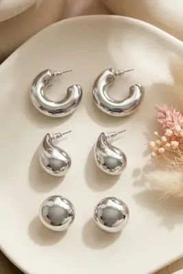 Elika Silver Kadın Vintage 3'lü Gümüş Renk Küpe Seti