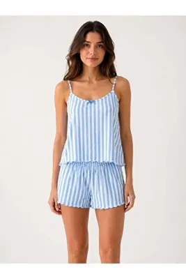 Pijamask Kadın Mavi Beyaz Çizgili Askılı Şortlu Pijama Takımı Yazlık Rahat Ev Giyim Uyku Takımı